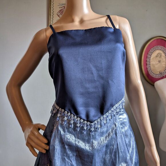 Vintage 90s y2k Scene Prom Gown Blue Floral Embroidery Beaded Fringe Size 9/10 - Picture 13 of 17